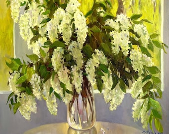 Ölgemälde, Original-Stillleben mit Vogel, Kirschstrauch, handgefertigte Frühlingsblumen-Wandkunst, impressionistische Leinwand, pastos, einzigartiges Geschenk, Heimdekoration