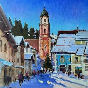 Original Oil Painting Mittenwald Bavaria Germany Cityscape Winter Church Snow Scenery Home Decor Impressionistic Wall Hanging Collectible