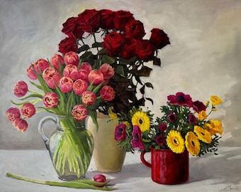 Bodegón floral original al óleo, rosas y tulipanes, 80 x 60 cm