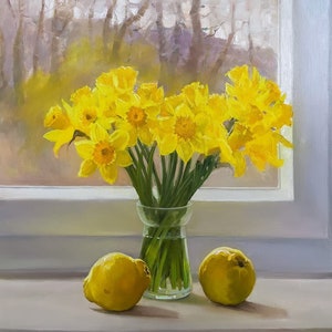 Natura morta fiori disegno a olio originale narcisi regalo classico decorazione domestica unica impressionista firmato belle arti arazzi fatti a mano immagine 7