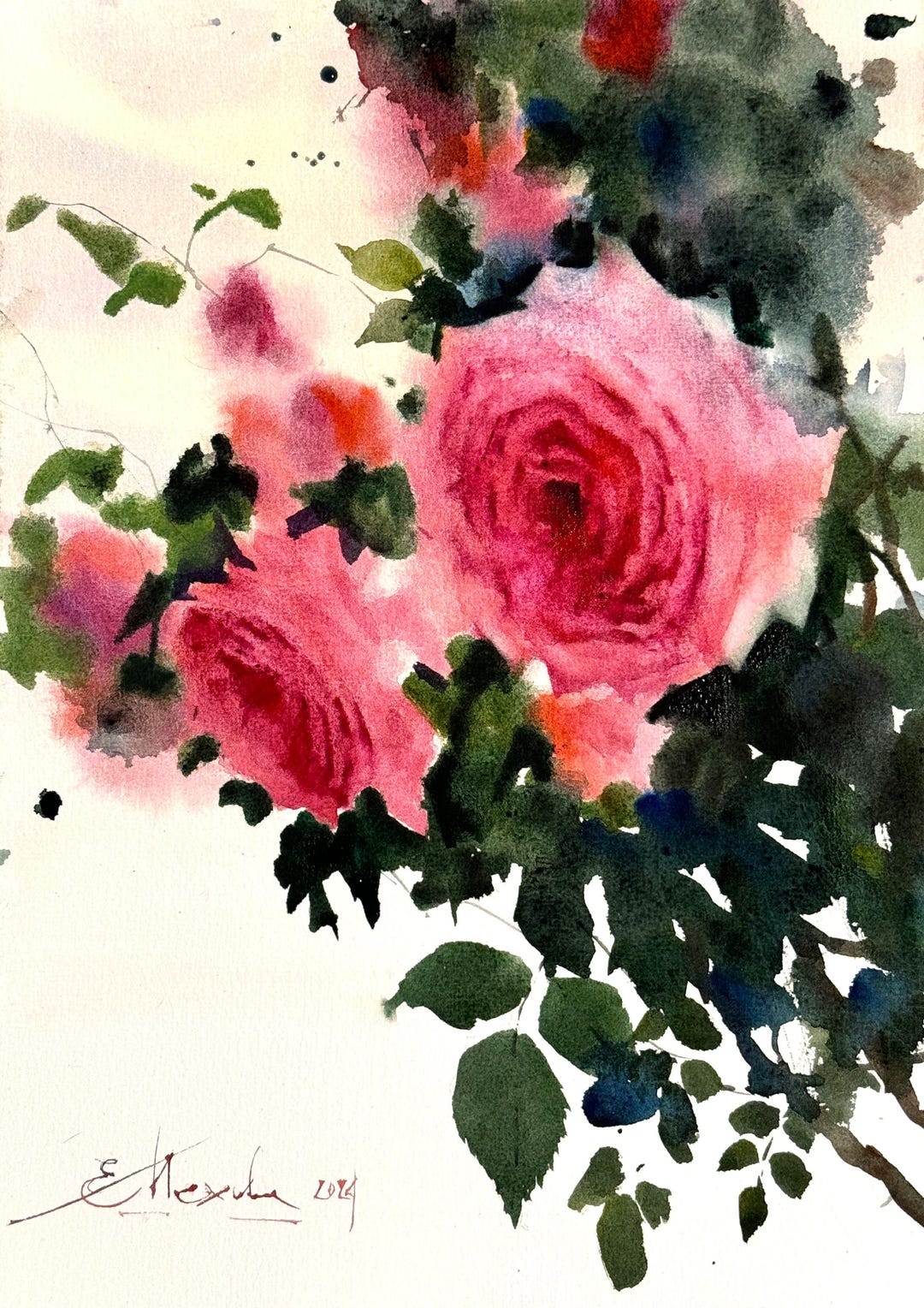 Original Pink Roses Watercolor Painting, Botanical Floral Art - Etsy