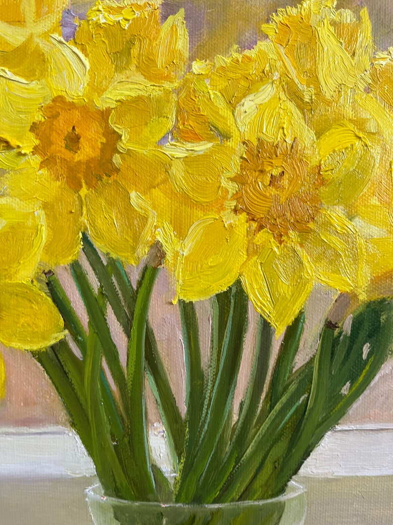 Natura morta fiori disegno a olio originale narcisi regalo classico decorazione domestica unica impressionista firmato belle arti arazzi fatti a mano immagine 8