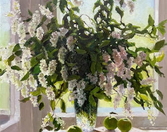 Peinture à l'huile originale nature morte avec fleurs de cerisier et pommes