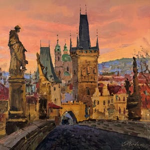 Original Oil Painting Prague Charles Bridge Impressionism Art Cityscape Gothic Sunset Canvas Handmade Gift Present Wall Hanging Home Decor