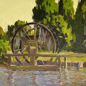 Original Oil Painting: Rustic Water Mill Landscape, Impressionistic Art