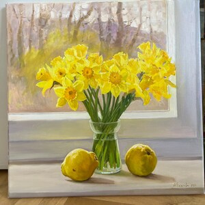 Natura morta fiori disegno a olio originale narcisi regalo classico decorazione domestica unica impressionista firmato belle arti arazzi fatti a mano immagine 6