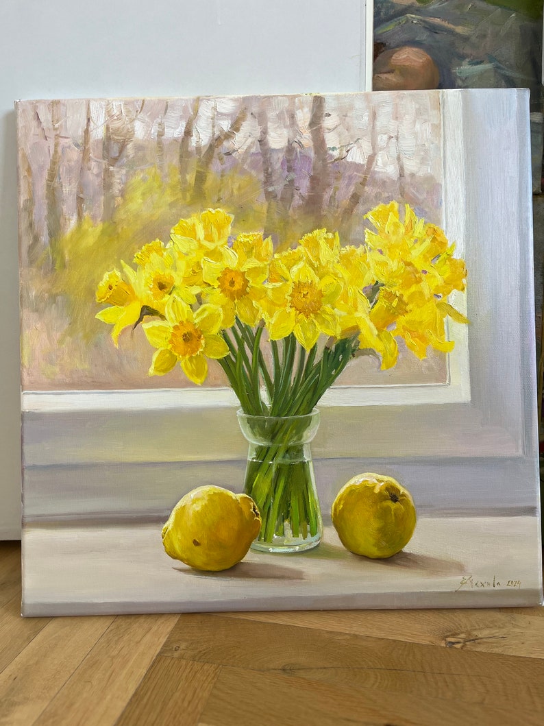 Natura morta fiori disegno a olio originale narcisi regalo classico decorazione domestica unica impressionista firmato belle arti arazzi fatti a mano immagine 6