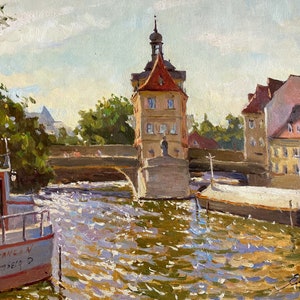 OIL PAINTING CITY Original Landscape Germany Bamberg Medieval Picture Unique Gift Fine Art Signed Wall Art Decoration Hangings Collectibles