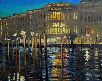 Original Oil Painting Venice at Night Grand Canal Italy Cityscape Canvas Art