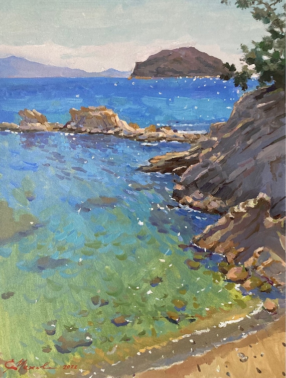 オリジナルの油絵海の風景：地中海の海景アート - Etsy 日本