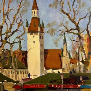 Original Oil Painting Germany Munich Bavaria Cityscape Viktualienmarkt Town Landscape Home Decor Wall Hanging Impressionistic Rare Fine Art
