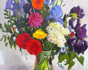 Original Floral Oil Painting: Summer Irises Still Life, Handmade Art