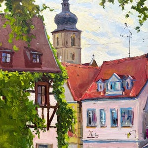 Oil Painting Original German Old Town Cityscape Church Houses Landscape Bright Summer View Canvas Art Collectible Interior Home Decor Gift