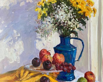 PEINTURE À L'HUILE ORIGINALE, nature morte avec fleurs sauvages et fruits fait main d'été florale beaux-arts impressionniste toile peinture cadeau décoration