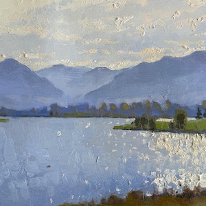 Original Oil Painting Alpen Landscape Lake Mountains Sun Reflection Impressionistic Fine Art