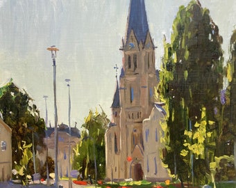 OIL PAINTING CITY Original Canvas Cityscape Germany Forchheim Church Unique Gift Fine Art Signed Wall Art Home Decor Collectibles Present