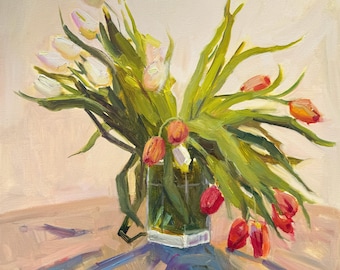 Peinture à l'huile originale : tulipes nature morte, art floral botanique (50 x 50 cm)