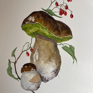 Original Aquarell Gemälde Pilz Botanische Illustration Exklusives Geschenk Einzigartiges Wohndekor Wald Rustikal Fine Art Handgemachte Wandbehänge