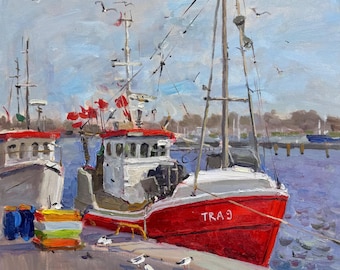 Original Oil Painting Fishing Boats Harbor Scene Impressionistic Art