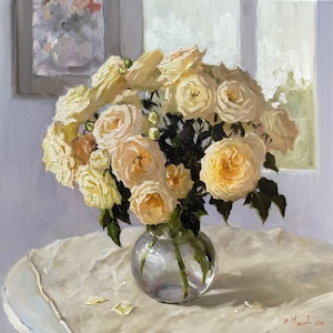 Original Oil Painting Still Life Roses Flowers Impressionistic Floral Fine Art Home Interior Design Decor Wall Hanging Canvas Handmade Gift