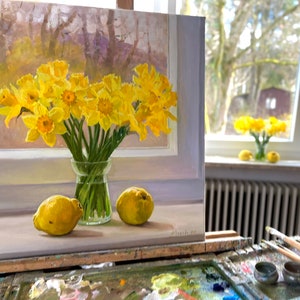 Nature morte fleurs dessin à l'huile original jonquilles cadeau classique décoration de la maison unique impressionniste signée beaux-arts fait main tentures murales image 9