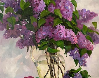 Peinture à l'huile originale : nature morte lilas et tulipe, art impressionnisme (50 x 60 cm)
