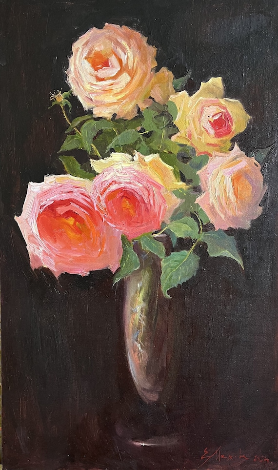 Original Oil Painting, Pink Roses Still Life, Floral Impressionistic Art