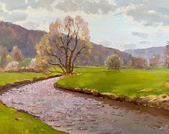 ÖLGEMÄLDE Natur Frühling Fluss Malerei Wandbehang Wohnkultur Handgemacht Kunst Wasser Landschaft Leinwand Original Wanddekoration Einzigartiges Geschenk