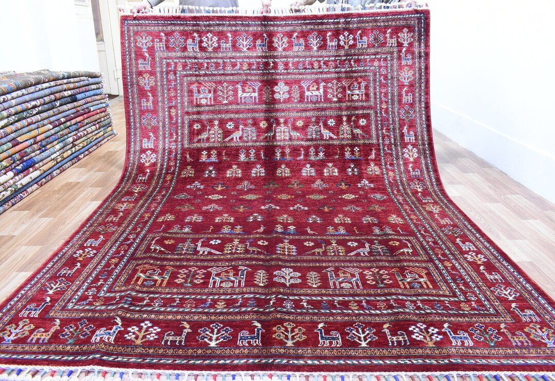 6x8 Red Tribal Gabbeh Area Rug, Garden Design, Hand Knotted Afghan Rug ...