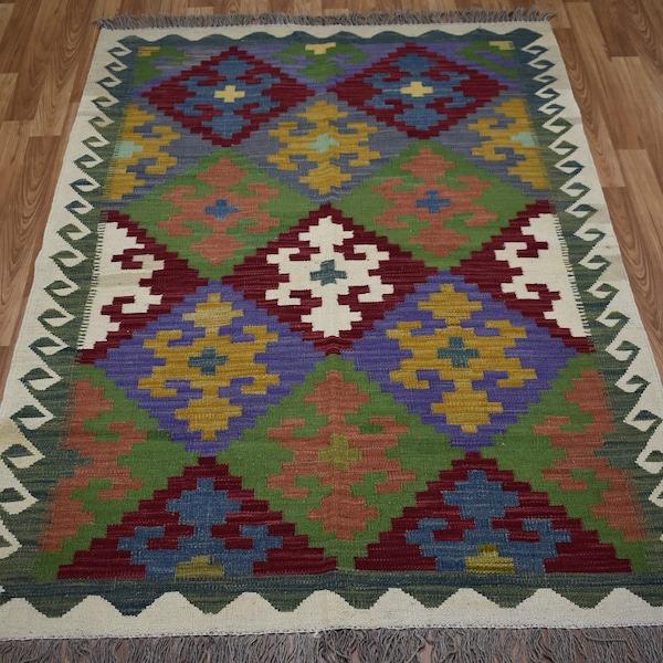 4x6 Stunning Afghan Kilim Rug , Colorful Rug , Turkmen Handmade Wool Area Rug , Turkish Bedroom Rug , Kitchen Rug, Bohemian Rug, Aztec Rug