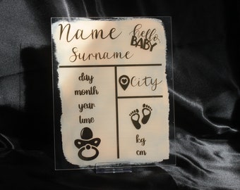 Personalisierte Neugeborenen Acryl Plakette - individueller Name und Geburtsdetails - Baby Kinderzimmer Dekor