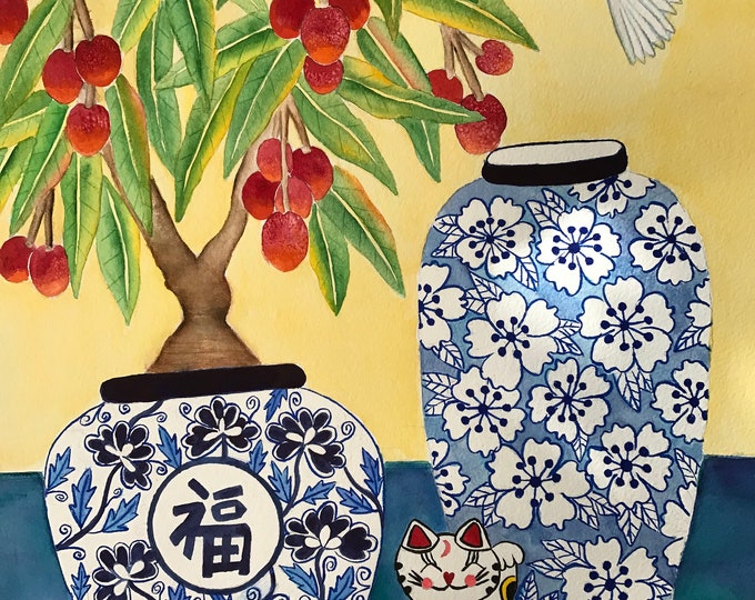 Lychee Tree with Chinese Vases