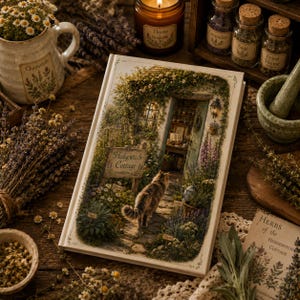 Könnte beinhalten: Ein gebundenes Buch mit dem Titel Hedgewitch Cottage, das eine Illustration einer flauschigen Katze zeigt, die auf einen Steinhütteneingang zuläuft, umgeben von üppigem Grün, Blumen und einem Holzschild, mit cremefarbenem Rand.