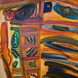 May include: Abstract painting with a warm color palette of orange, brown, and green. The artwork features bold brushstrokes and geometric shapes, with a signature in the bottom right corner. The painting has a modern, expressive style.
