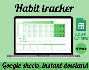 Hoja de cálculo de Green Habit Tracker, Plantilla para Google Sheets, Diaria, Semanal, Mensual, Goal Tracker, Planificador de metas digitales, 12 meses,