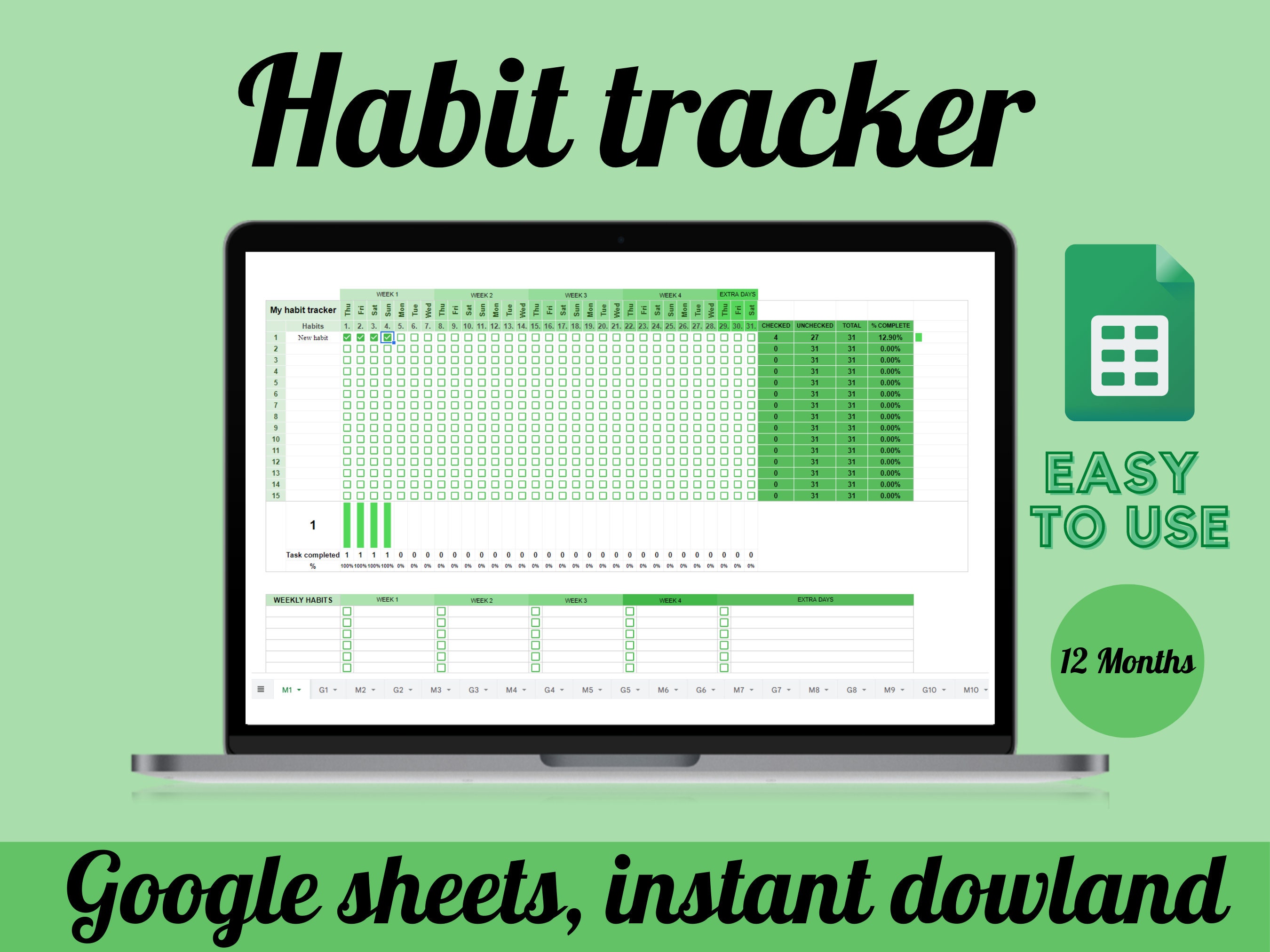 Green Habit Tracker Spreadsheet, Template for Google Sheets, Daily ...