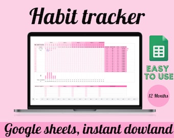 Hoja de cálculo Pink Habit Tracker, Plantilla para Google Sheets, Diario, Semanal, Mensual, Rastreador de objetivos, Planificador de objetivos digitales, 12 meses,