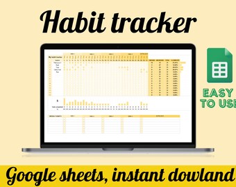 Plantilla de hoja de cálculo de seguimiento de hábitos amarillos para Google Sheets, diario, semanal, mensual, seguimiento de objetivos, planificador de objetivos digitales, 12 meses,