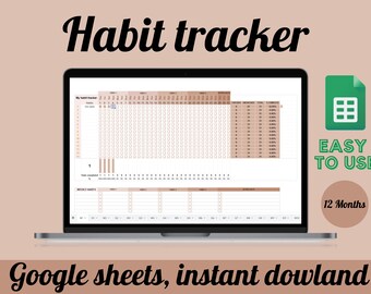 Hoja de cálculo de Brown Habit Tracker, Plantilla para Google Sheets, Diario, Semanal, Mensual, Rastreador de objetivos, Planificador de objetivos digitales, 12 meses,