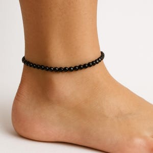 Black Tourmaline Stretch Anklet for Women | Dainty 3mm 4mm Waterproof Beaded Ankle Bracelet