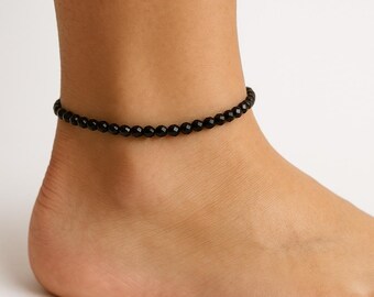 Black Tourmaline Anklet for Women | Dainty 3mm Waterproof Beaded Stone Stretch Ankle Bracelet | Custom Gemstone Jewelry Gift for Her