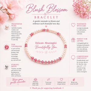 Blush Blossom - Sierlijke armband met roze toermalijn en parels - Echte natuurlijke edelstenen en sterling zilver - Geboortesteen van oktober afbeelding 3