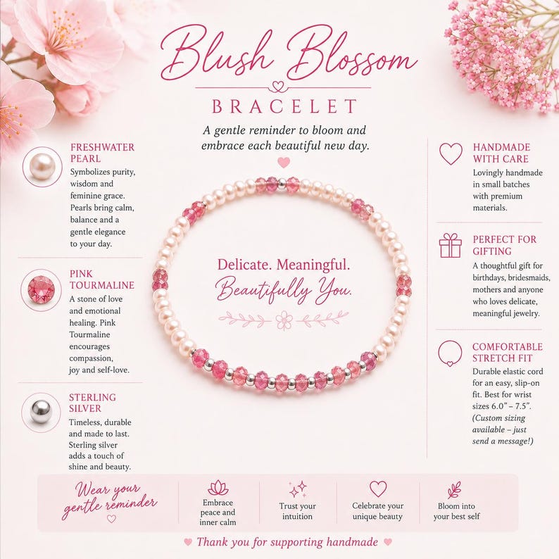Blush Blossom - Sierlijke armband met roze toermalijn en parels - Echte natuurlijke edelstenen en sterling zilver - Geboortesteen van oktober afbeelding 3