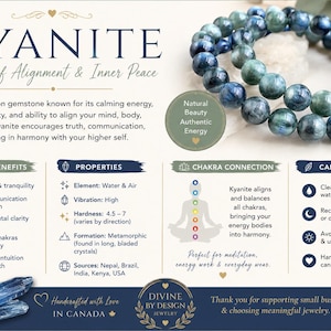 May include: A beaded bracelet made of round, polished blue and green kyanite gemstones. The image includes text describing kyanite as a stone of alignment and inner peace, detailing its energy benefits, physical properties, chakra connection, and care instructions.