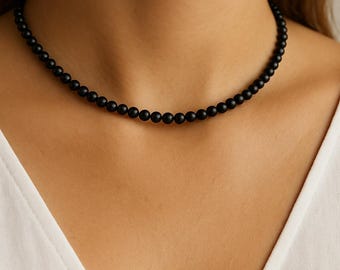 Shungite Choker Necklace • 4mm Black Crystal Beads • Gold Clasp • Protection Necklace for Women • Minimalist Beaded Choker • Adjustable
