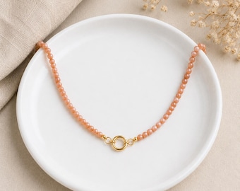 Dainty Peach Sunstone Charm Necklace, Genuine Natural 5A Gemstones, Sterling Silver or 18k Gold Filled Carabiner, Beaded Y Charm, Handmade