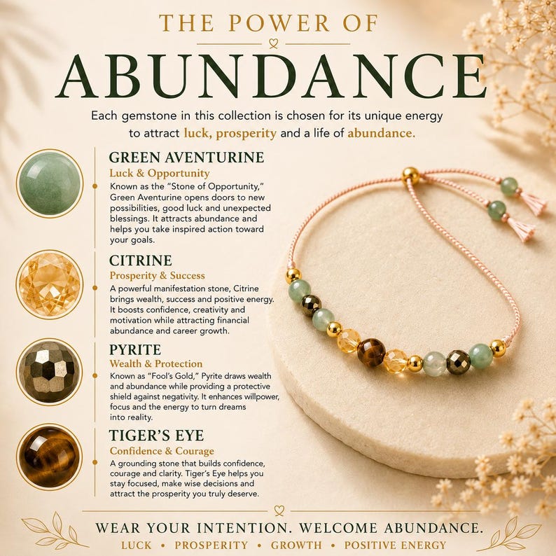 Puede incluir: Una pulsera de cuentas con un cord&oacute;n rosa claro, que presenta piedras preciosas de aventurina verde, citrino, pirita y ojo de tigre. La imagen incluye texto titulado THE POWER OF ABUNDANCE, que enumera las propiedades de cada piedra: Aventurina verde, Citrino, Pirita y Ojo de tigre. La pulsera tiene extremos de cord&oacute;n ajustables con peque&ntilde;as cuentas.