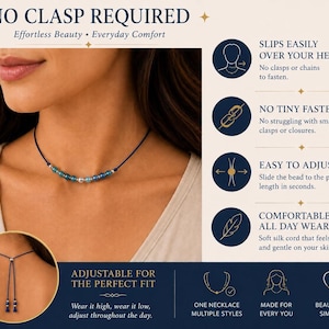 May include: A dark blue cord necklace featuring a series of small blue and silver beads. The design includes an adjustable sliding bead mechanism for length control, allowing it to be worn at various heights without the need for a clasp or fastener.