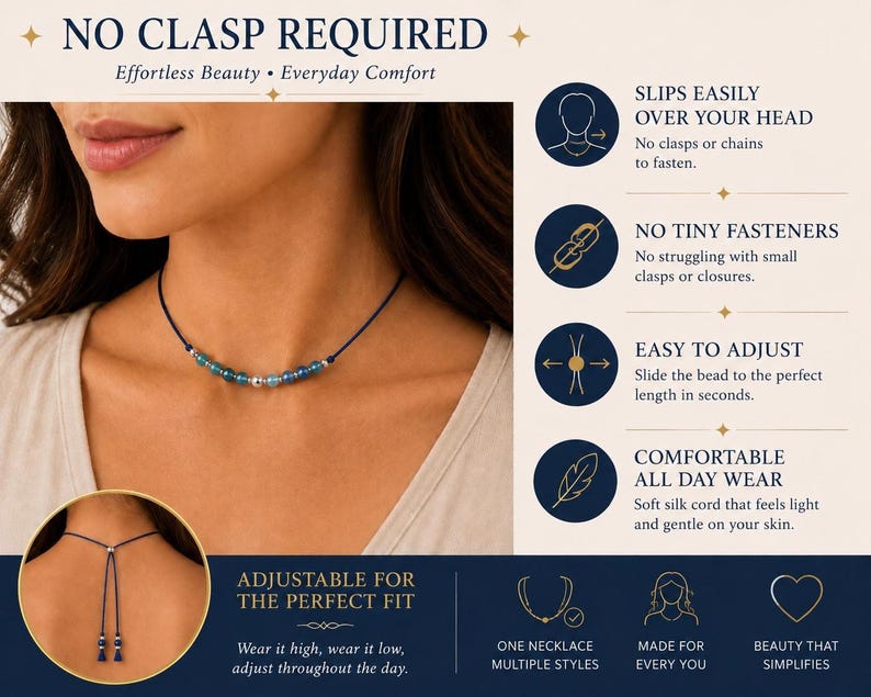 May include: A dark blue cord necklace featuring a series of small blue and silver beads. The design includes an adjustable sliding bead mechanism for length control, allowing it to be worn at various heights without the need for a clasp or fastener.