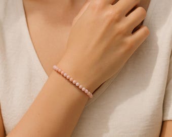 Dainty Pink Opal Bracelet, 4mm Stretch Bead Bracelet for Women – Healing Crystal Jewelry, October Birthstone, Handmade in Canada